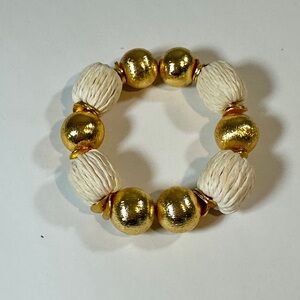 White Raffia + Brushed Gold Bead Stretch Bracelet | 14mm | Statement Stack